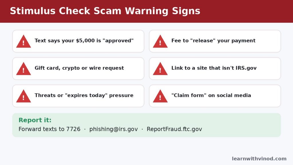 Six stimulus check scam warning signs and where to report fake $5,000 payment texts